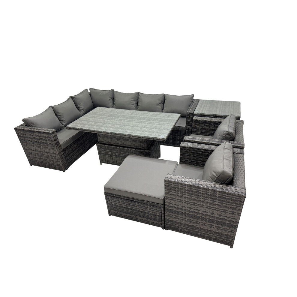 Rackhams Dark/Grey 9 Seater Rattan Garden Furniture Set With Height Adjustable Rising Dining Table, Corner Sofa, Stool & Side Table - Mixed - Image 2