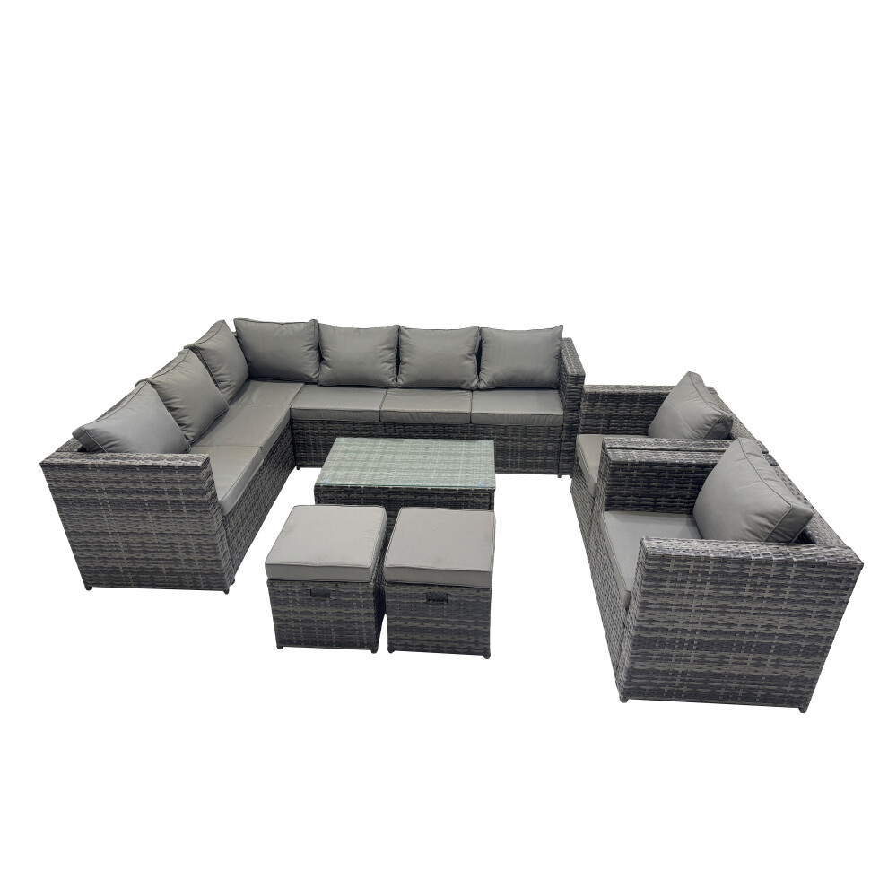 Rackhams Dark/Grey Outdoor Rattan Rectangular Coffee Table Corner Sofa Sets Garden Furniture Set With 2 Chairs 2 Small Stools Mixed - Image 2