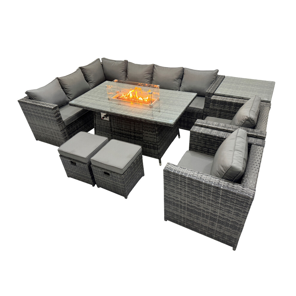 Fimous Dark/Grey Rattan Garden Furniture Dining Set 10 Seater Gas Fire Pit Dining Table Corner Sofa Set With 2 Small Stool Side Table Mixed - Image 2