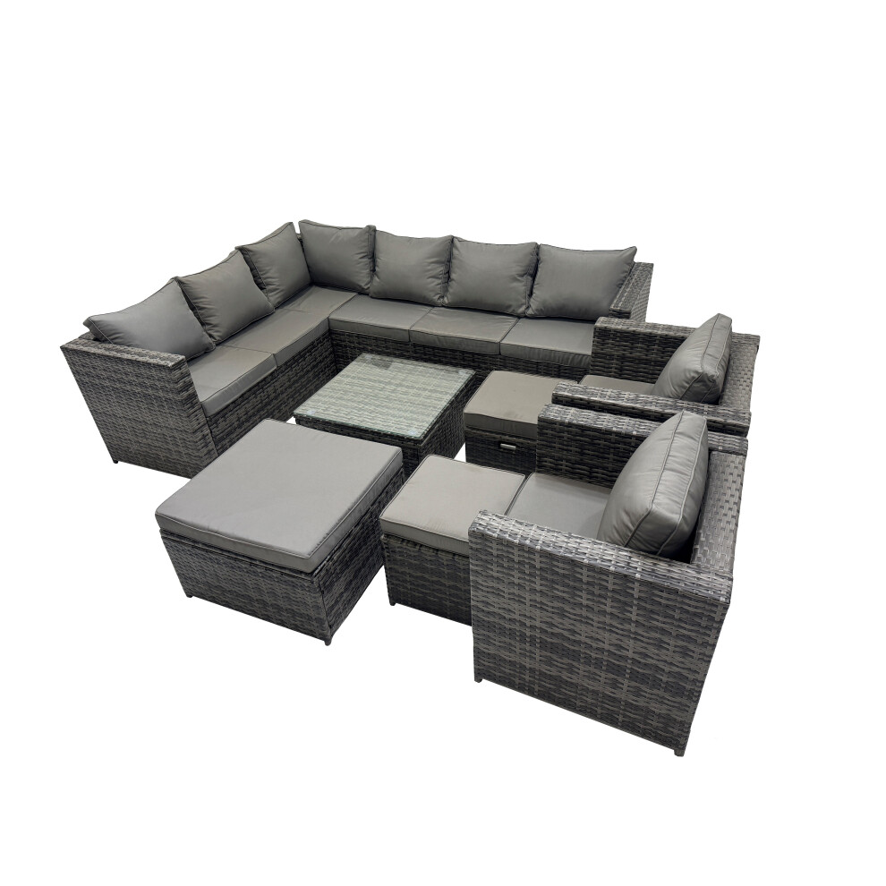 Rackhams Dark/Grey Rattan Garden Furniture Patio Furniture Sets With Corner Sofa 2 Chairs Square Coffee Table 3 Footstools Mixed - Image 2