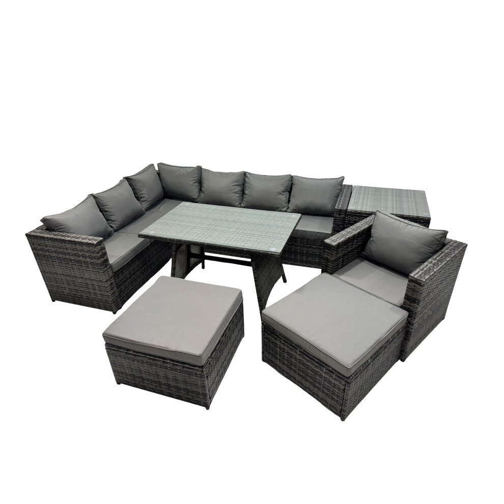 Rackhams Dark/Grey 9 Seater Outdoor Pe Rattan Sofa Set With Dining Table Patio Garden Furniture Sets With Chair Side Table 2 Big Stools Mixed - Image 2