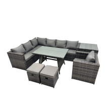 Fimous 9-seater Outdoor PE Rattan Sofa Set with with Chair 2 Small Stools