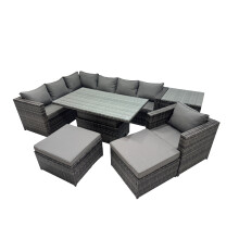 Fimous 9-seater Rattan Garden Furniture Dining Set with Side Table Big Stool