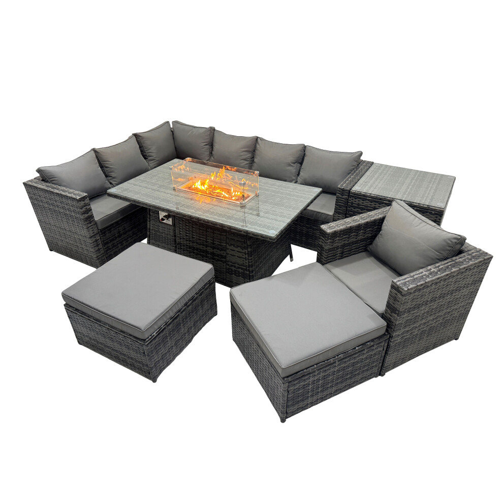 Rackhams Dark/Grey 9 Seater Rattan Garden Furniture Set With Gas Fire Pit Dining Table, Corner Sofa, 2 Stools & Side Table - Mixed - Image 2