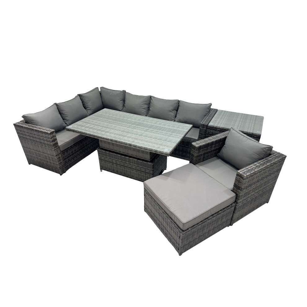 Fimous Dark/Grey 8 Seater Height Adjustable Rising Lifting Table Corner Sofa Set Rattan Garden Furniture Dining Set With Big Stool Side Table Mixed - Image 2