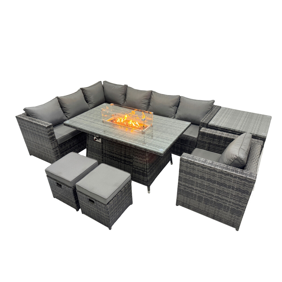 Rackhams Dark/Grey Rattan Garden Furniture Dining Set 9 Seater Gas Fire Pit Dining Table Corner Sofa Set With Side Table 2 Small Stool Mixed - Image 2