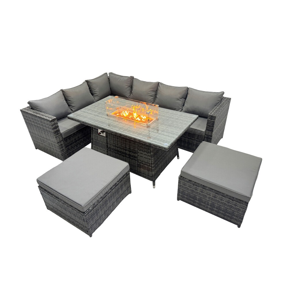 Fimous Rattan Garden Furniture Dining Set Gas Firepit Table Corner Sofa Set