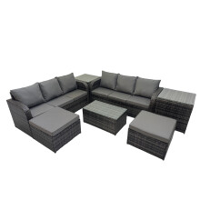 Fimous Garden Rattan Furniture Set 8 Seater with 2 Big Stool 2 Side Tables