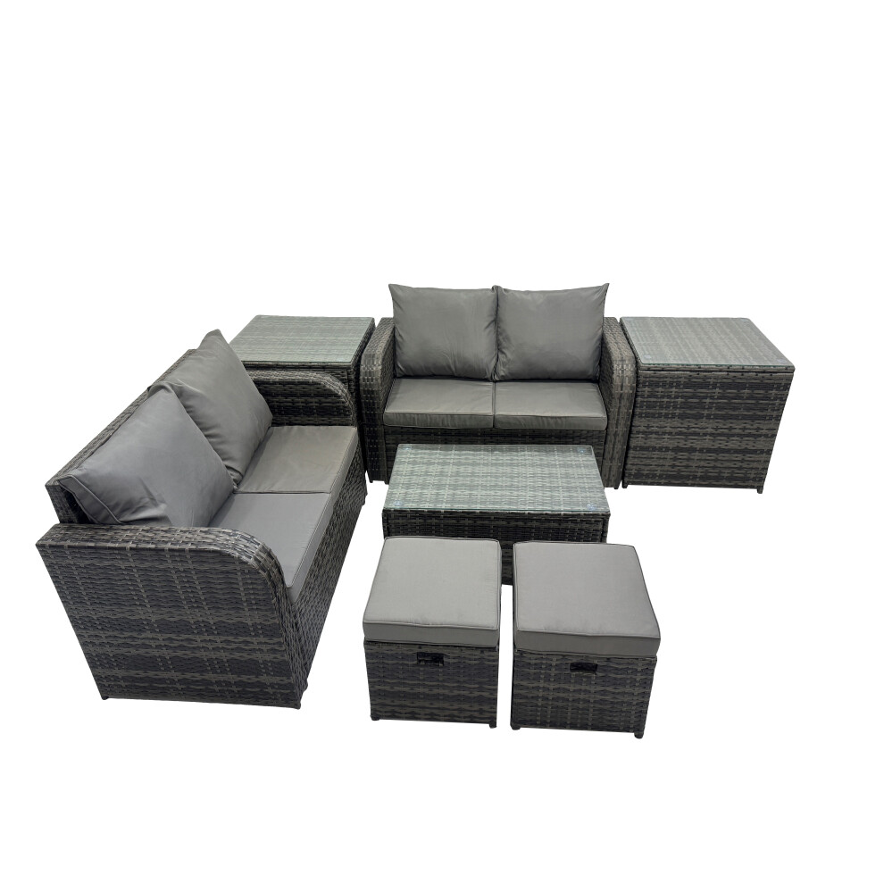 Fimous Garden Rattan Furniture Set 6 Seater With 2 Stools 2 Side Tables Small