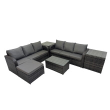 Fimous Garden Rattan Furniture Set 7 Seater with Big Stool 2 Side Tables