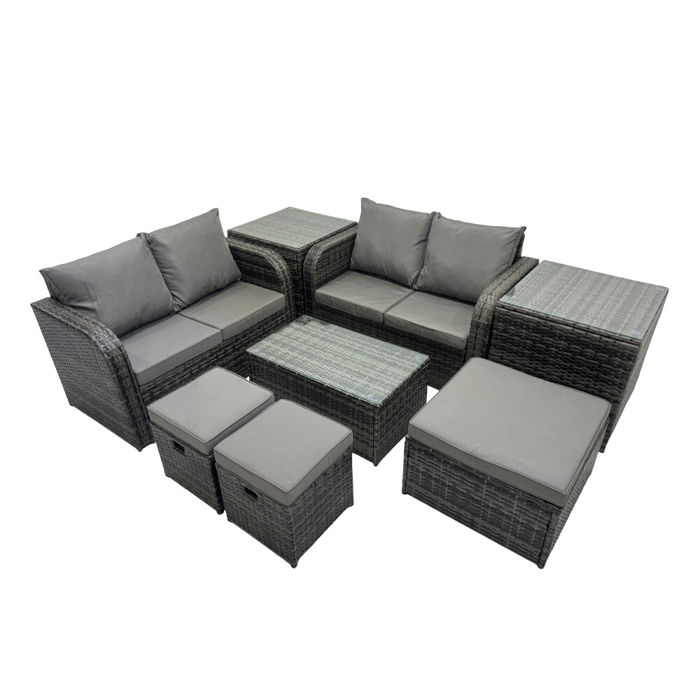 Fimous Dark/Grey Outdoor Love Sofa Coffee Table Set Garden Rattan Furniture Set 7 Seater With 3 Stools 2 Side Tables - Image 2