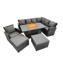 Fimous Rattan Corner Sofa Chair Set Gas Fire Pit Table with 2 Big Footstools