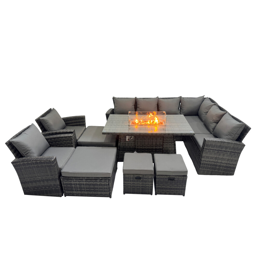 Fimous Rattan Corner Sofa Chair Set Gas Fire Pit Table With 4 Footstools