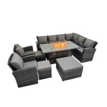 Fimous Rattan Corner Sofa Chair Set Gas Fire Pit Table with 3 Footstools
