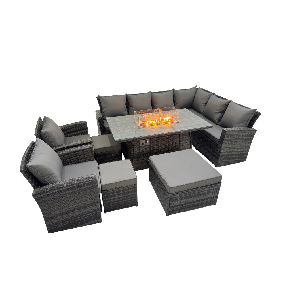 Fimous Rattan Corner Sofa Chair Set Gas Fire Pit Table with 3 Footstools
