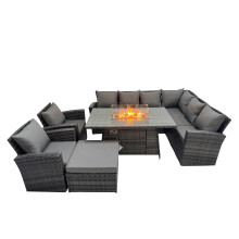 Fimous Rattan Corner Sofa Chair Set Gas Fire Pit Table with Big Footstool