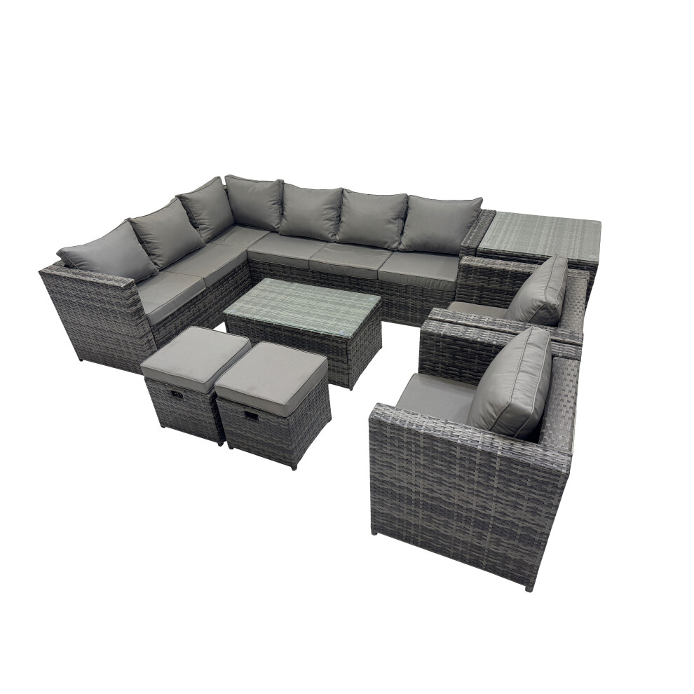 Fimous Dark/Grey Outdoor Rattan Rectangular Coffee Table Corner Sofa Sets Garden Furniture Set With 2 Chairs 2 Small Stools Side Table Mixed - Image 2