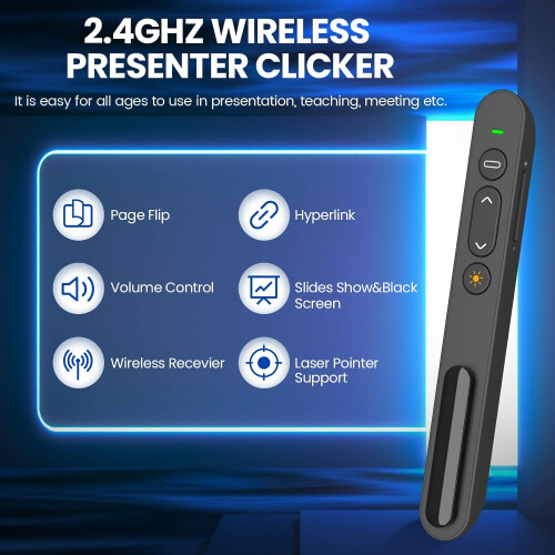 Presentation Clicker, Wireless Presenter Remote with Red Light, Hyperlink, Volume Control - 2.4GHz PowerPoint Clicker for Classroom 1