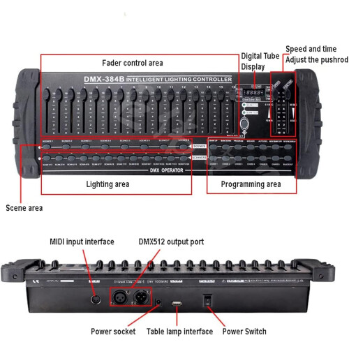 DMX 384B Console, Dmx512 Lighting Controller, Midi Input, Intelligent Dj Controller, Dj Dimming Console, Stage Lighting Console, with LED Display 2