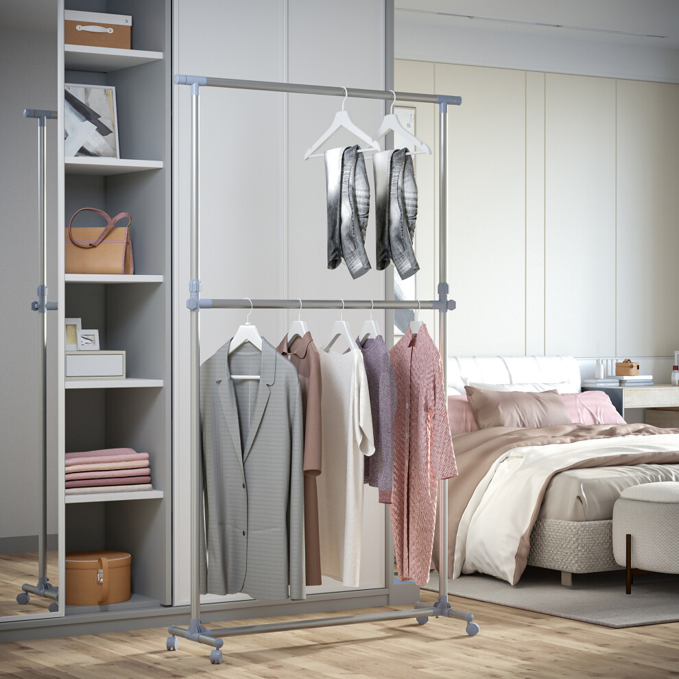 Homcom Garment Rail Adjustable Portable Clothes Hanging Stand Rack Wheels