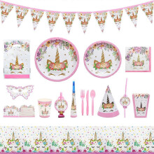 (As show, One size) Flower Unicorn Pink Paper Plate Tissue Knife Fork Spoon Birthday Tablecloth Children's Party Decoration Supplies 16pcs