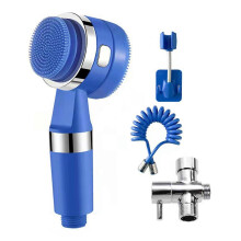 (Blue, One size) Toddlers Shower Head with 2 Modes Function Silicone Body Brush for Kids Home White