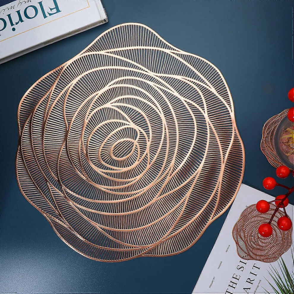 (As show, One size) Rose Gold Placemats and Coasters Set of 6 Pressed Metallic Vinyl Round Place Mats