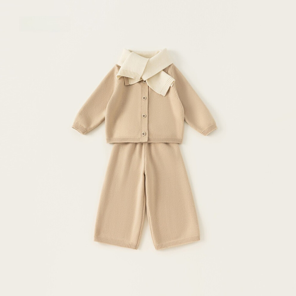 (Apricot,130Cm)Invierno NiñOs Ropa Rayas Estampado Tejido SuéTer Bufanda Conjunto De Tres Piezas-image