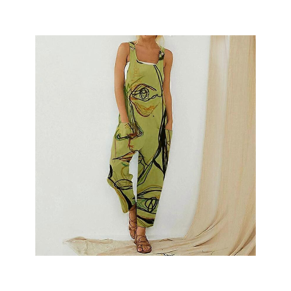 (As show, One size) Summer Abstract Print Loose Strap Pants Women&#39;s New Cotton and Hemp Strap Button jumpsuit (Green,XL)-image-OPC-PHRJTY6-NEW