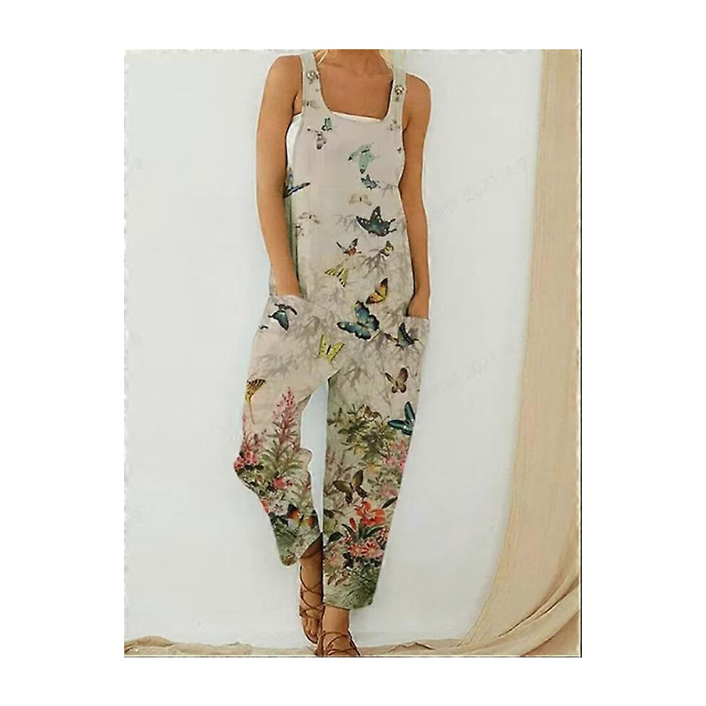 (As show, One size) Summer Abstract Print Loose Strap Pants Women&#39;s New Cotton and Hemp Strap Button jumpsuit (Butterfly khaki,XXXL)-image-OPC-PHRJVRY-NEW