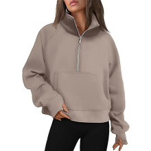 (As show, One size) Womens Sweatshirts Half Zip Cropped Pullover Fleece Quarter Zipper Hoodies Fall outfits Clothes Thumb HoleCoffeegrey,L