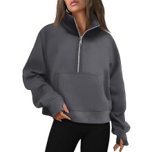 (As show, One size) Womens Sweatshirts Half Zip Cropped Pullover Fleece Quarter Zipper Hoodies Fall outfits Clothes Thumb HoleDarkdrey,XS
