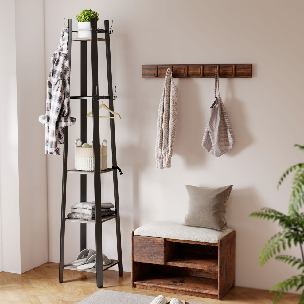 Homcom (Grey) Industrial Coat Stand With 4 Storage Shelves And 8 Hooks