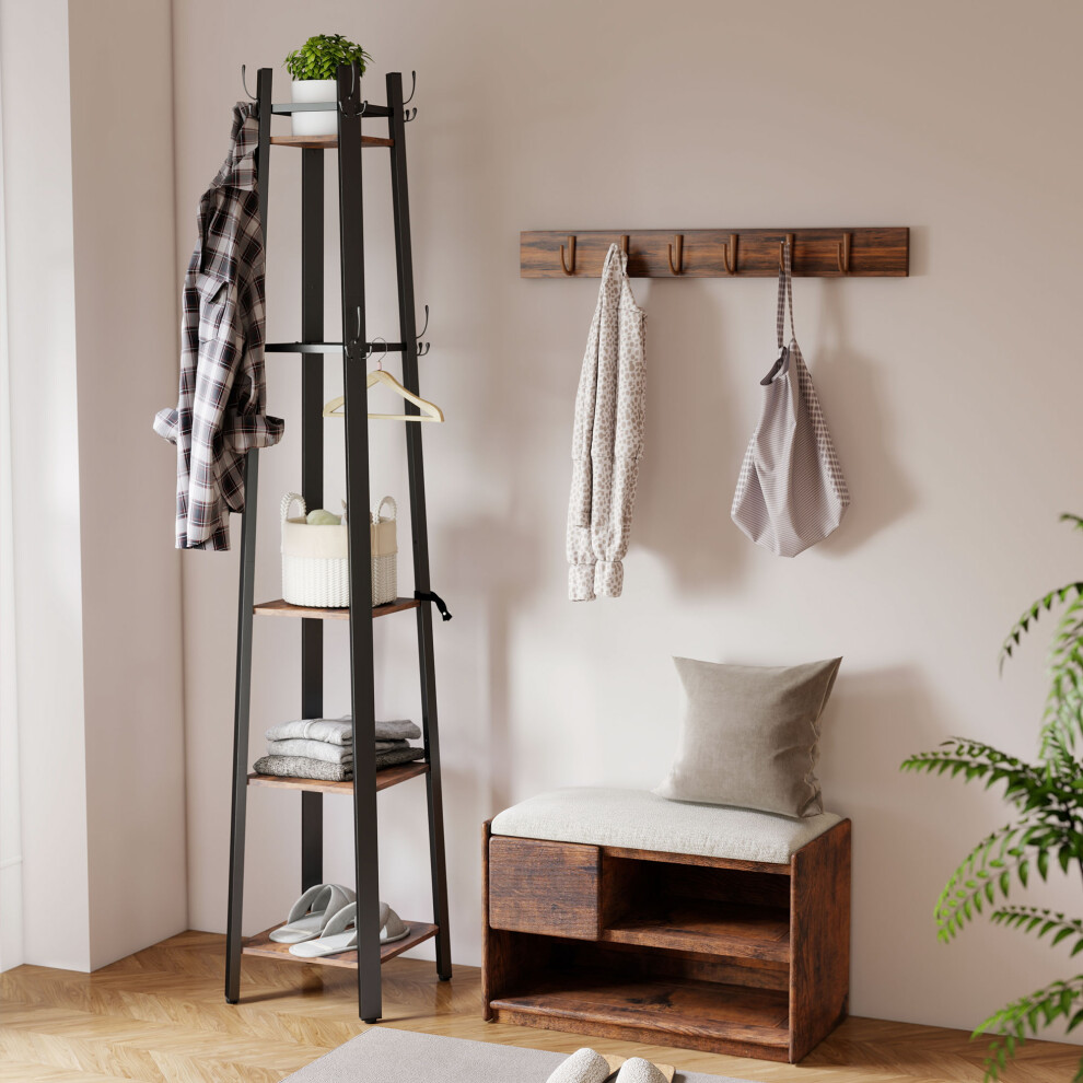 Homcom (Brown) Industrial Coat Stand With 4 Storage Shelves And 8 Hooks