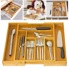 Extendable Bamboo Cutlery Tray Drawer Organiser - Adjustable 32-52cm for Kitchen Utensils, Silverware & Office Supplies (6+2 Compartments)