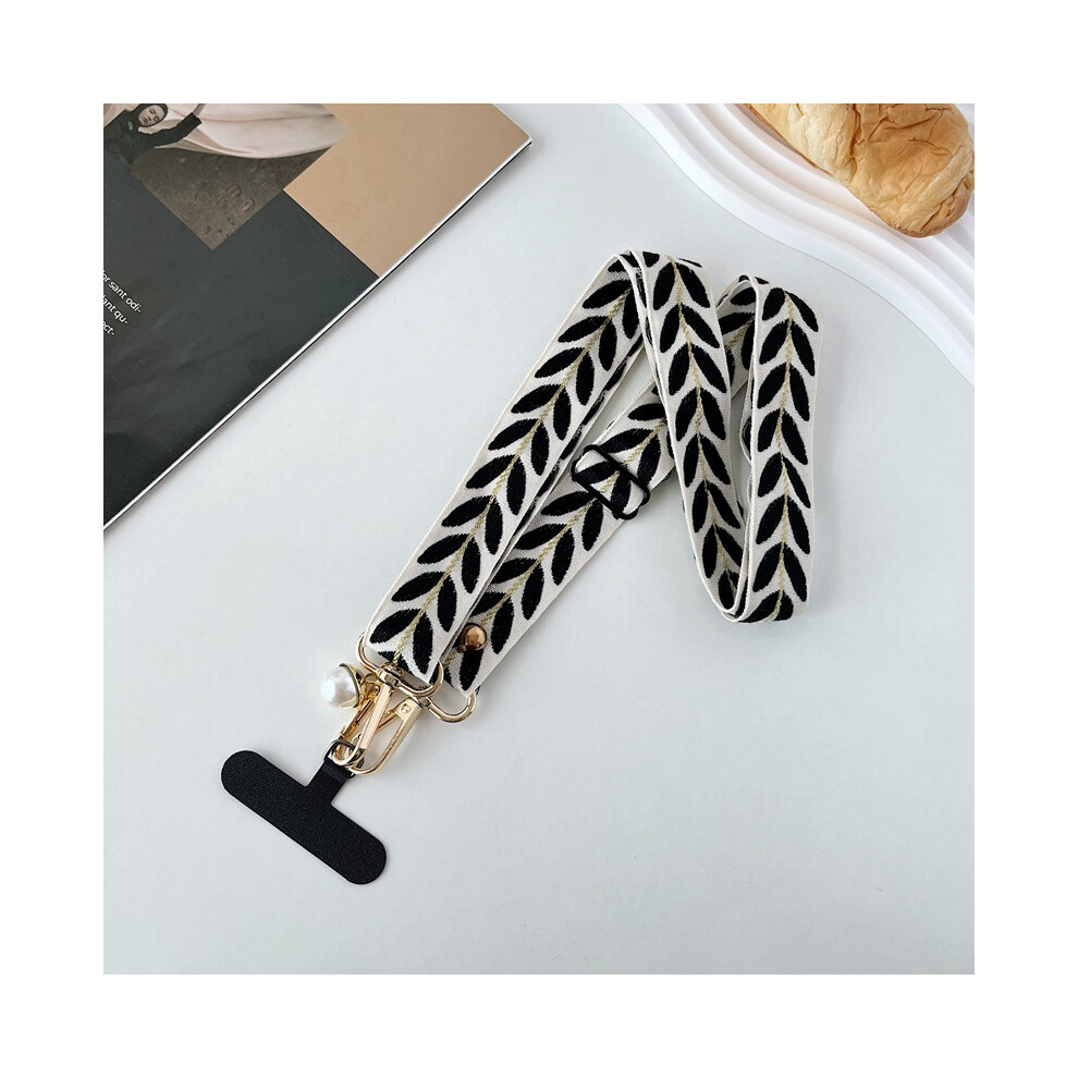 ( [With T-Shaped Card]) Long Crossbody Strap For Mobile Phone With Tassel, Adjustable Lanyard With Leaf Embroidery, Premium Quality Black 7606223595922