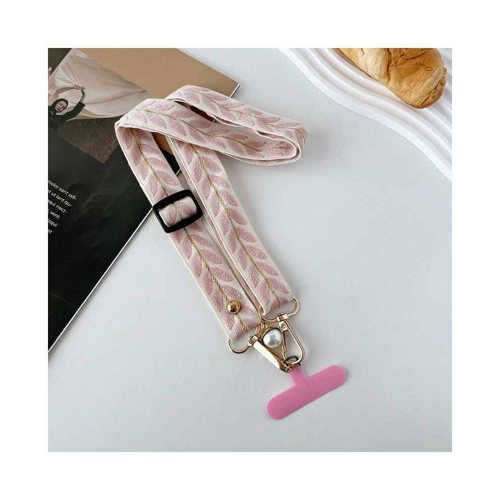 ( [With T-Shaped Card]) Long Crossbody Strap For Mobile Phone With Tassel, Adjustable Lanyard With Leaf Embroidery, Premium Quality Pink 7606223595939
