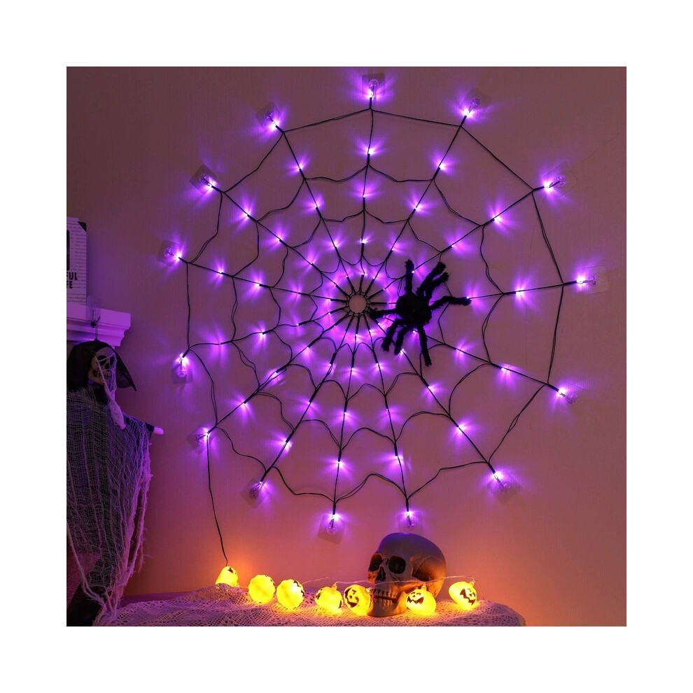 (Purple) Halloween Glowing Spider Web Decoration Lights Spider Web Lights Outdoor Indoor Decor Purple