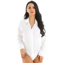 Body da donna, camicia, pezzo unico, colletto rovesciato, business, ufficio, top, manica lunga, abbottonatura,