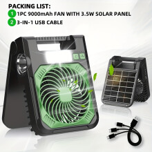 9000mAh ventilateur solaire ultra-portable avec lumière de nuit à LED et lampe de poche - USB rechargeable, conception pliable avec câble 3x3m
