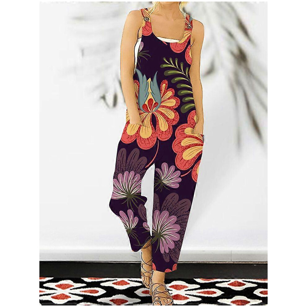 (As show, One size) Summer Abstract Print Loose Strap Pants Women&#39;s New Cotton and Hemp Strap Button jumpsuit (Purple,XL)-image-OPC-PHRMMJK-NEW