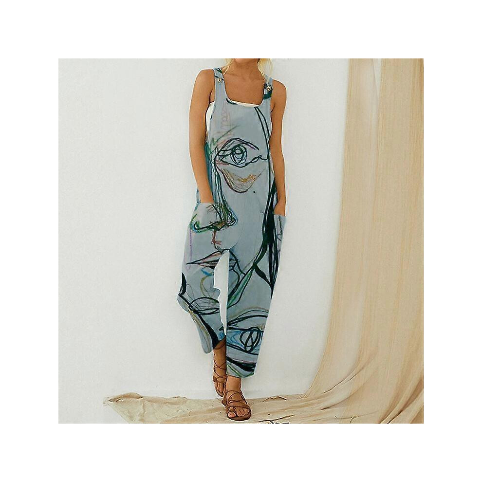 (As show, One size) Summer Abstract Print Loose Strap Pants Women&#39;s New Cotton and Hemp Strap Button jumpsuit (Blue,S)-image-OPC-PHRMMTH-NEW