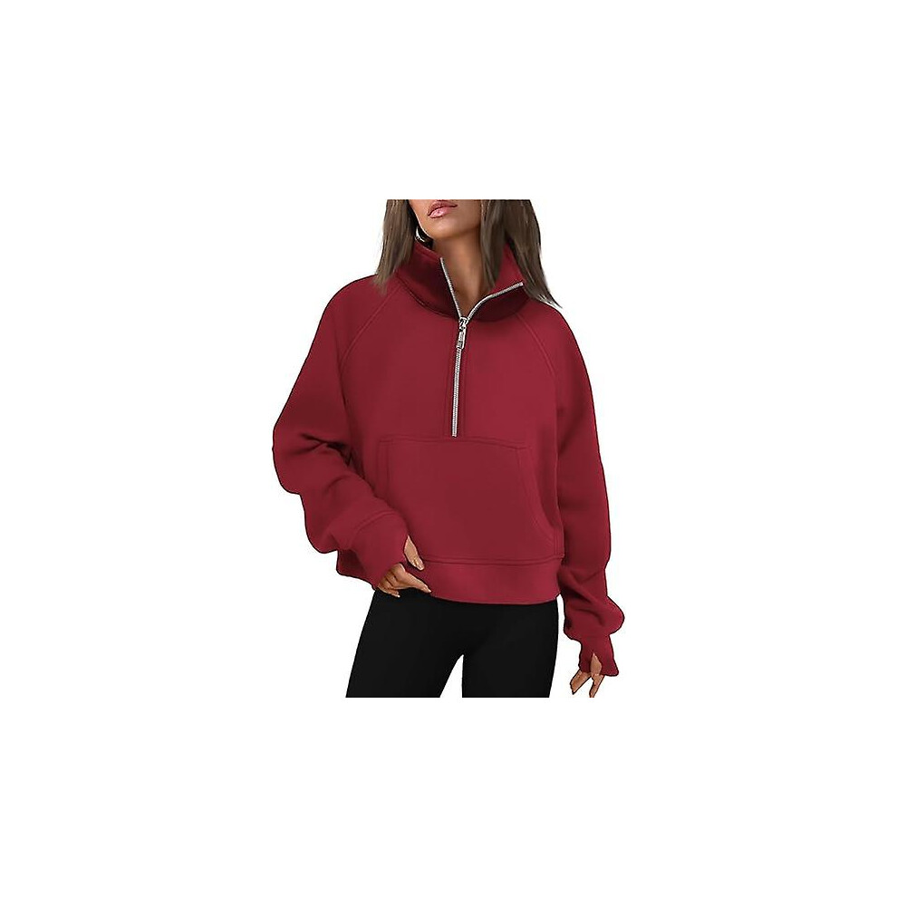 (As show, One size) Womens Sweatshirts Half Zip Cropped Pullover Fleece Quarter Zipper Hoodies Fall outfits Clothes Thumb HoleRed,L