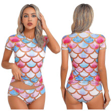 Costume da bagno da donna due pezzi con stampa a squame di pesce, costume da bagno con coppe imbottite