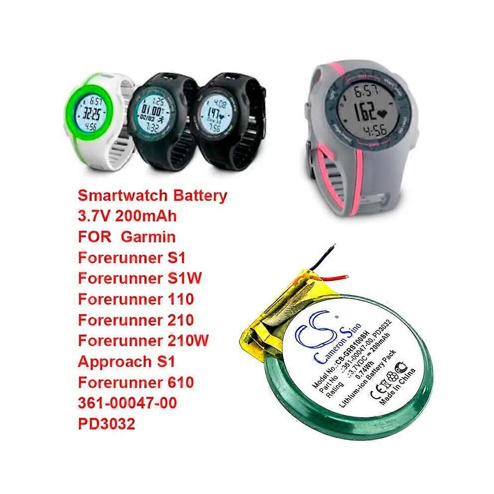 Batterie de montre connectée 200 mAh pour Garmin 361-00047-00 PD3032 Forerunner S1 S1W 110 210 210W