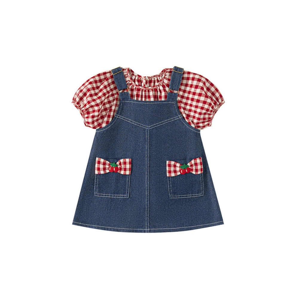 (80CM)Ensemble jupe à bretelles en denim nœud papillon à carreaux à manches bulles fille pour sorties