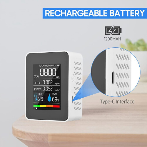5-in-1 luchtkwaliteitsmonitor, USB oplaadbare CO2-detector wit 1