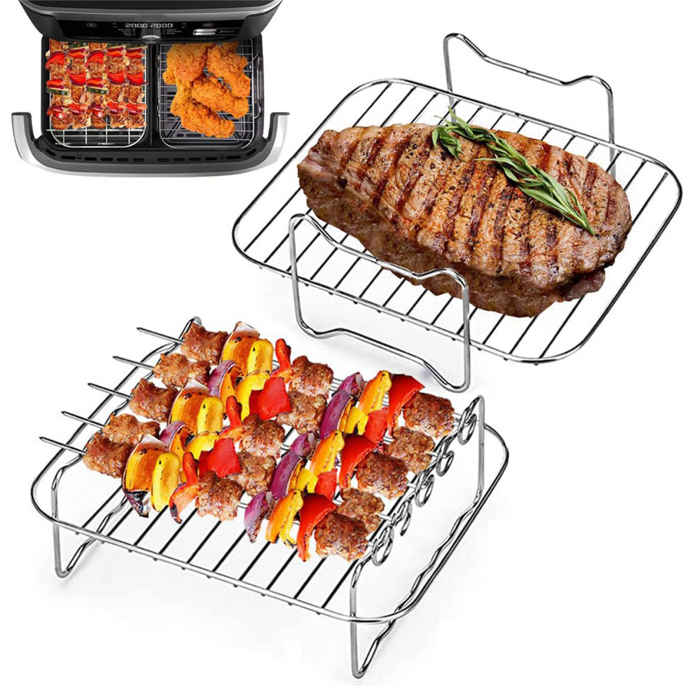 Set Griglie Per Friggitrice Ad Aria 3 Livelli - 13 Pezzi In Acciaio Inox, Con Piedini Silicone, Spazzola E Pieghevole, 20x20x9 Cm - 3