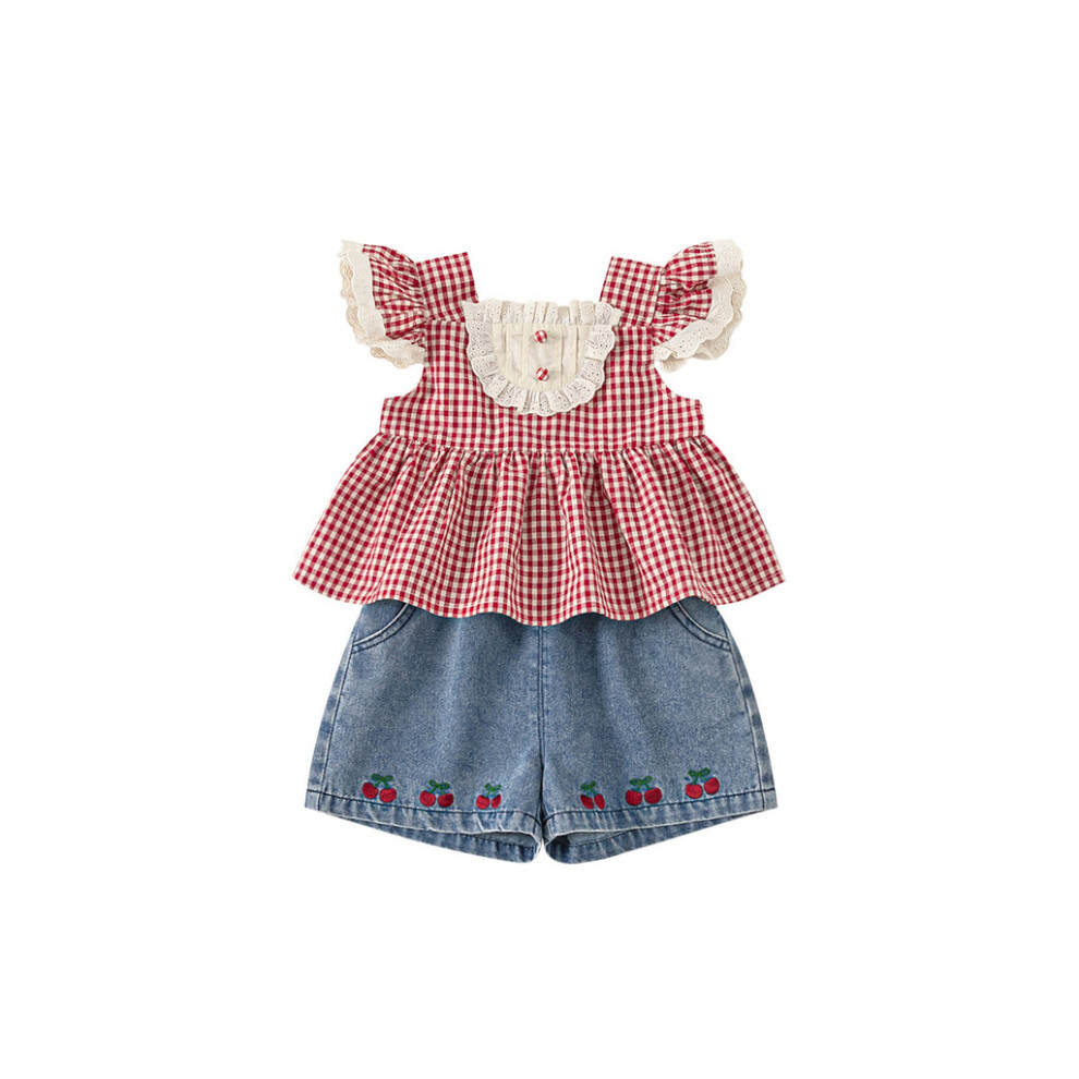 (130CM)Ensemble short en jean fille été vichy robe et embroid pour enfant vêtement coton