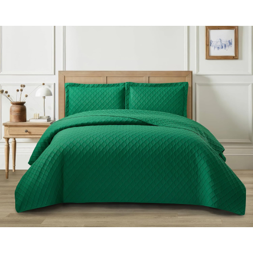 (Green, Double/King) Diamond Quilted Bedspread Bed Throw Bedding Set